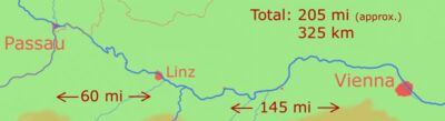 A map of the Danube between Passau, Linz and Vienna