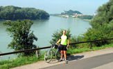 One of us on the Danube cycle path near Linz Cycling the Danube cycle path